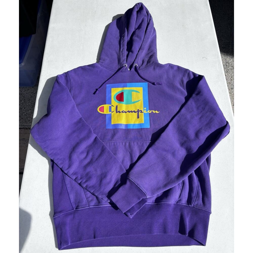 Champion Hoodie Mens Large Purple Reverse Weave Sweatshirt Colorful Retro Logo